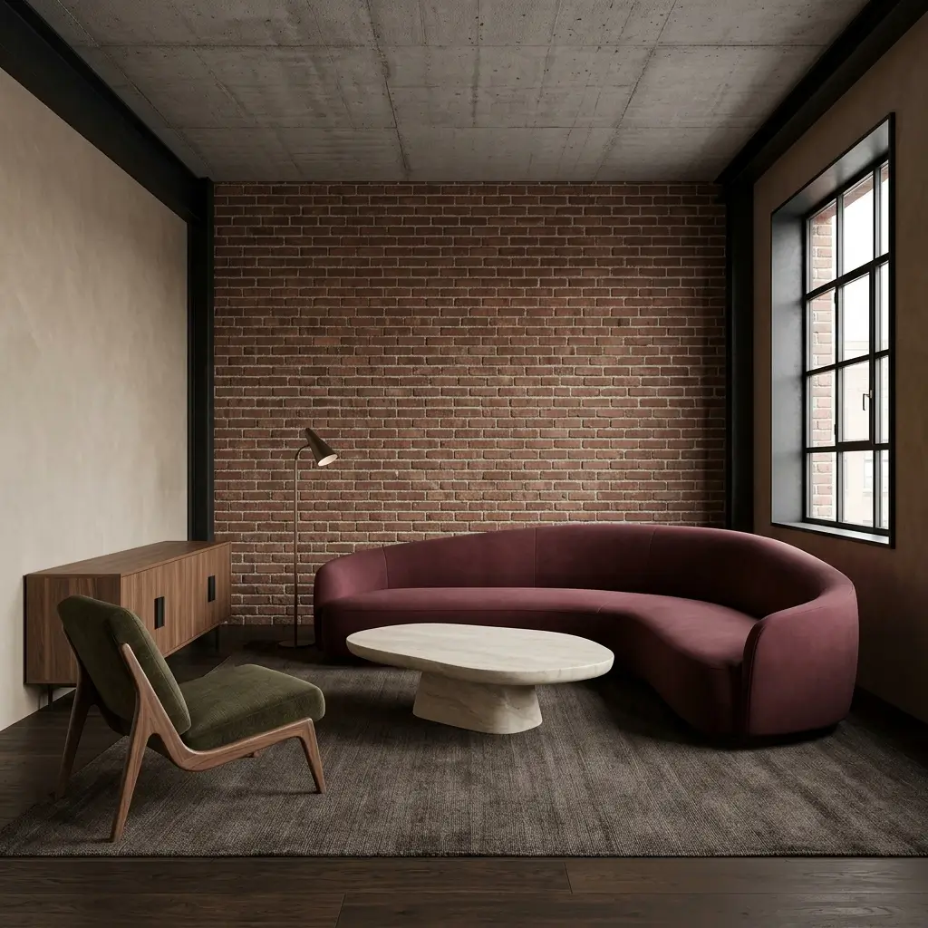 Contemporary industrial living room with sculptural seating and a stone coffee table