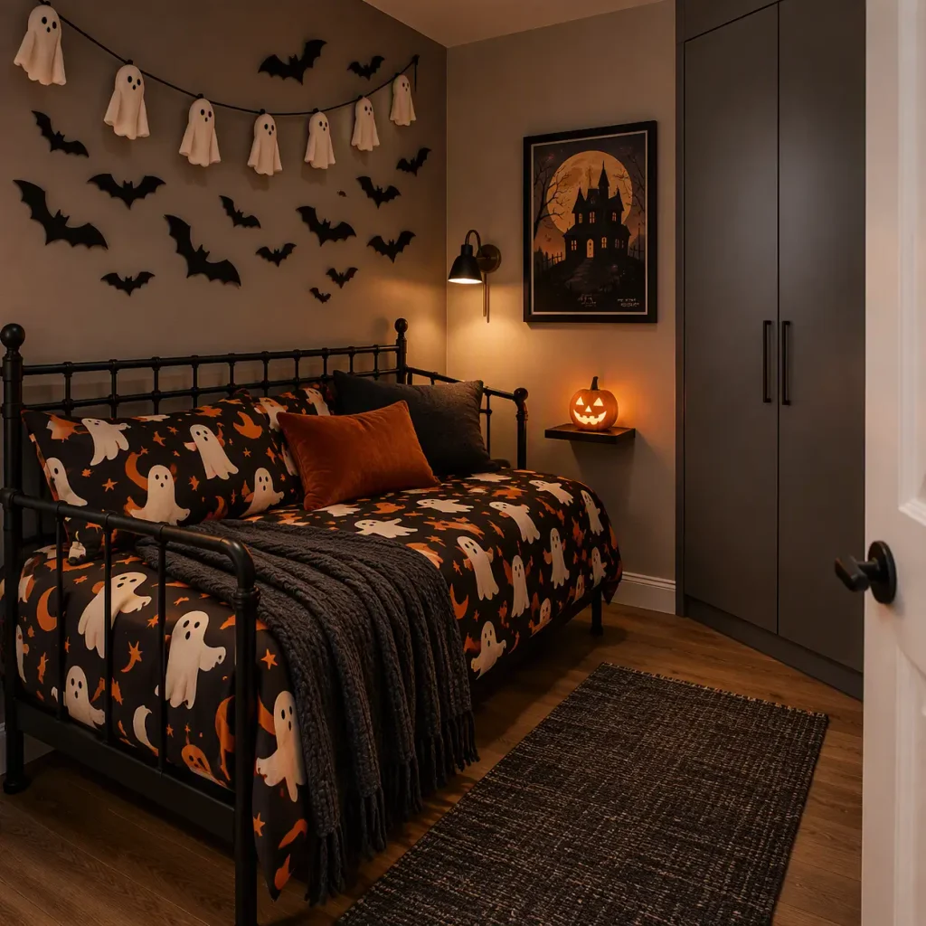 Small romantic bedroom with restrained dark colors, space-saving furniture, and subtle Halloween styling