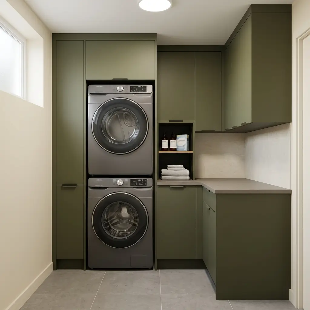 Small laundry room with stacked washer and dryer, compact storage cabinets, and an efficient countertop for folding clothes.