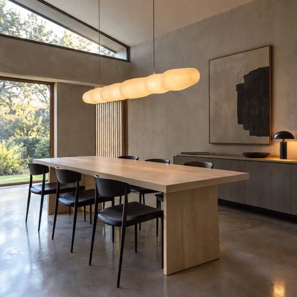 Modern dining room with a long ash table beneath an elongated sculptural opal-glass pendant