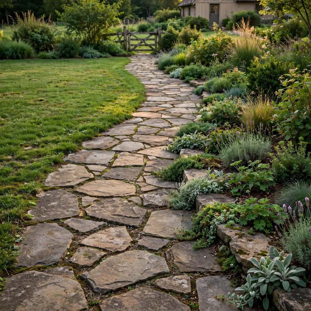 Farmhouse garden with an irregular stone path bordered by lush green planting, lawn, and informal garden beds