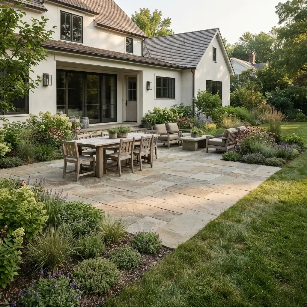 Farmhouse backyard with a substantial natural stone patio surrounded by layered planting and an open lawn