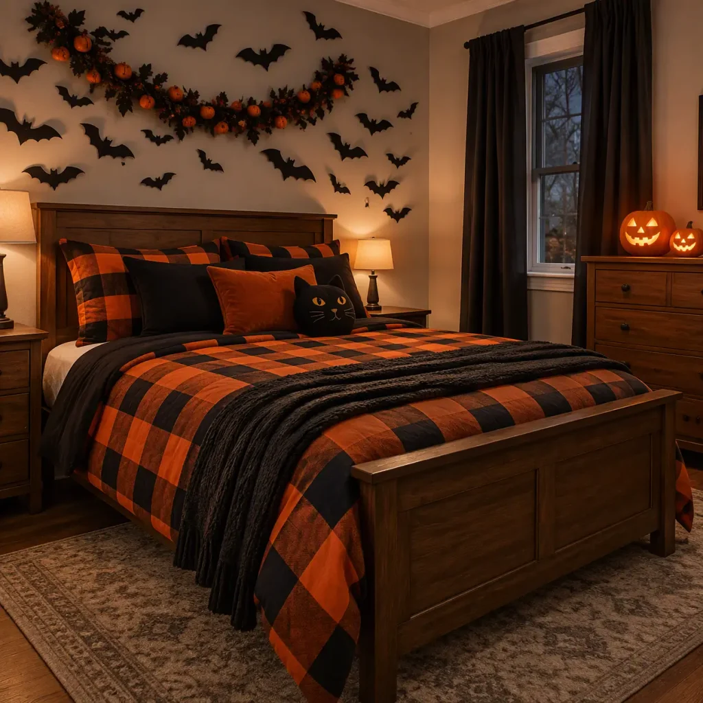 Bedroom refreshed with darker textiles, seasonal artwork, and understated Halloween accents