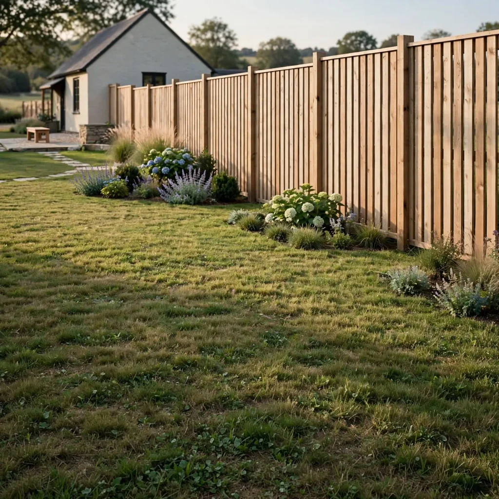 Farmhouse backyard enclosed by a simple timber fence with open lawn and structured planting along the property boundary