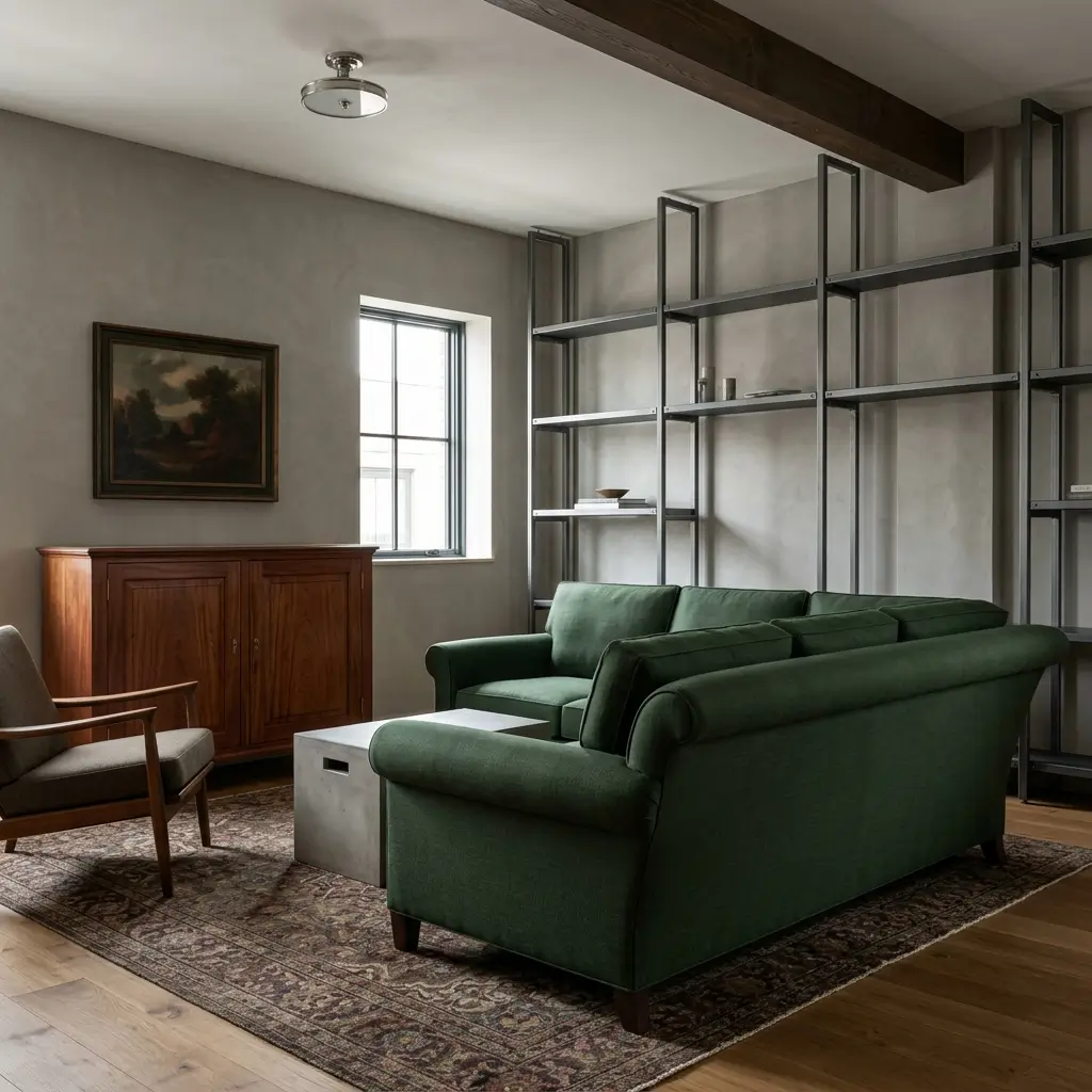 Traditional industrial living room with a green rolled-arm sofa and mahogany cabinet
