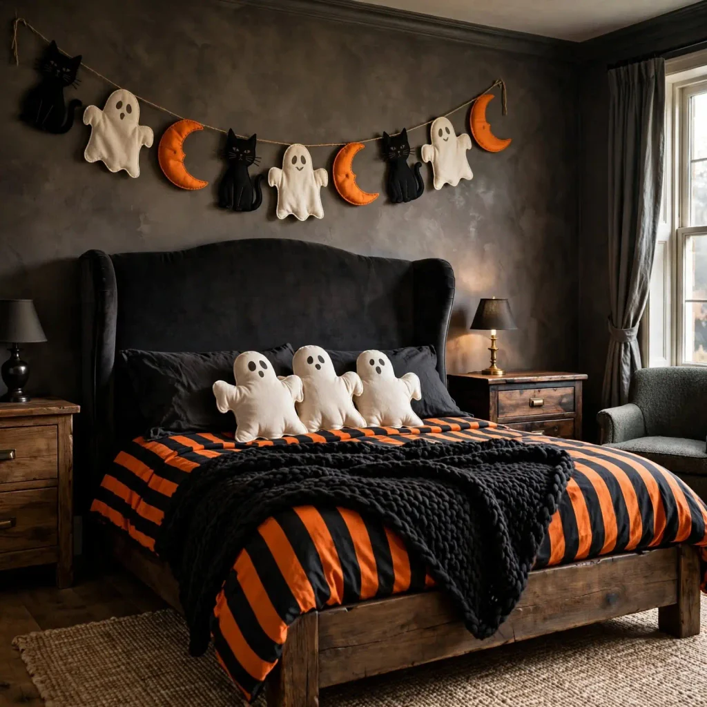 Cozy bedroom featuring velvet upholstery, linen bedding, wool throws, and layered textured fabrics