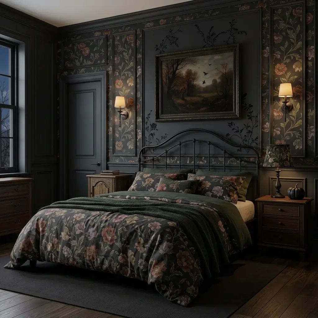 Vintage bedroom with dark floral textiles, botanical patterns, and sophisticated Halloween décor