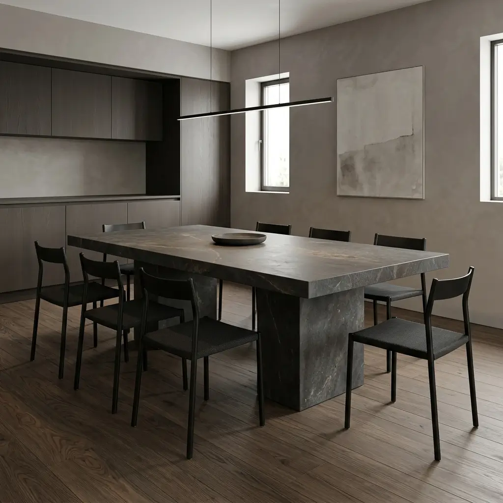 Contemporary dining room centered on a monolithic stone table with block pedestal bases and minimalist architectural surroundings