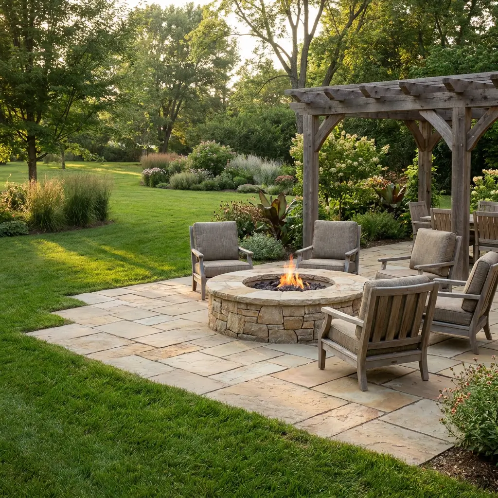 Farmhouse backyard gathering area with a defined gravel terrace, fire pit, surrounding planting, lawn, and mature shade trees