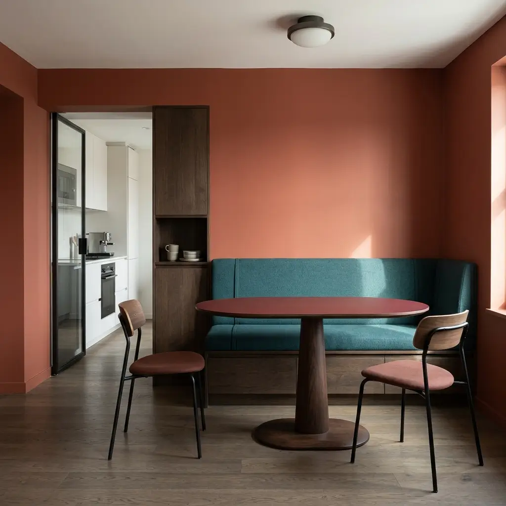 Compact apartment dining area with a narrow oval table placed near a wall, slim dining chairs, built-in bench seating, integrated storage, and a direct circulation route to the kitchen.