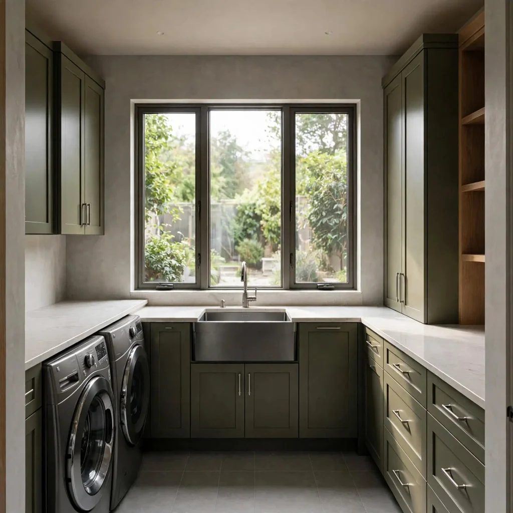Bright laundry room with a conventional window, natural daylight, modern appliances, and a practical worktop surrounded by functional storage