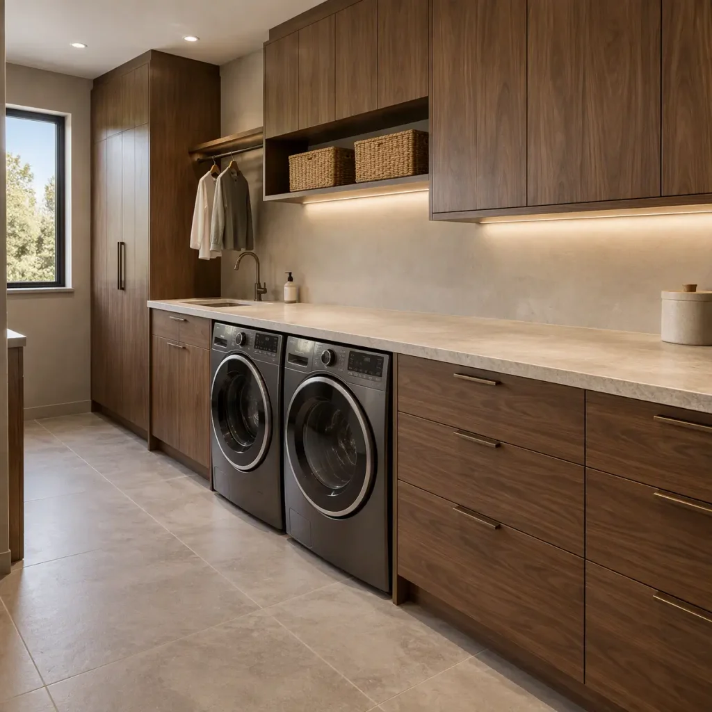 Luxury laundry room with custom cabinetry, a generous folding counter, integrated appliances, and refined finishes.